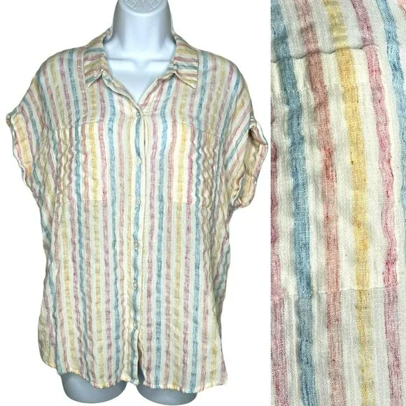 LUCKY BRAND Wms Sz L Pastel Stripe Tie Wrap Back Short Sleeve Top Blouse 7W45351 - Picture 1 of 11